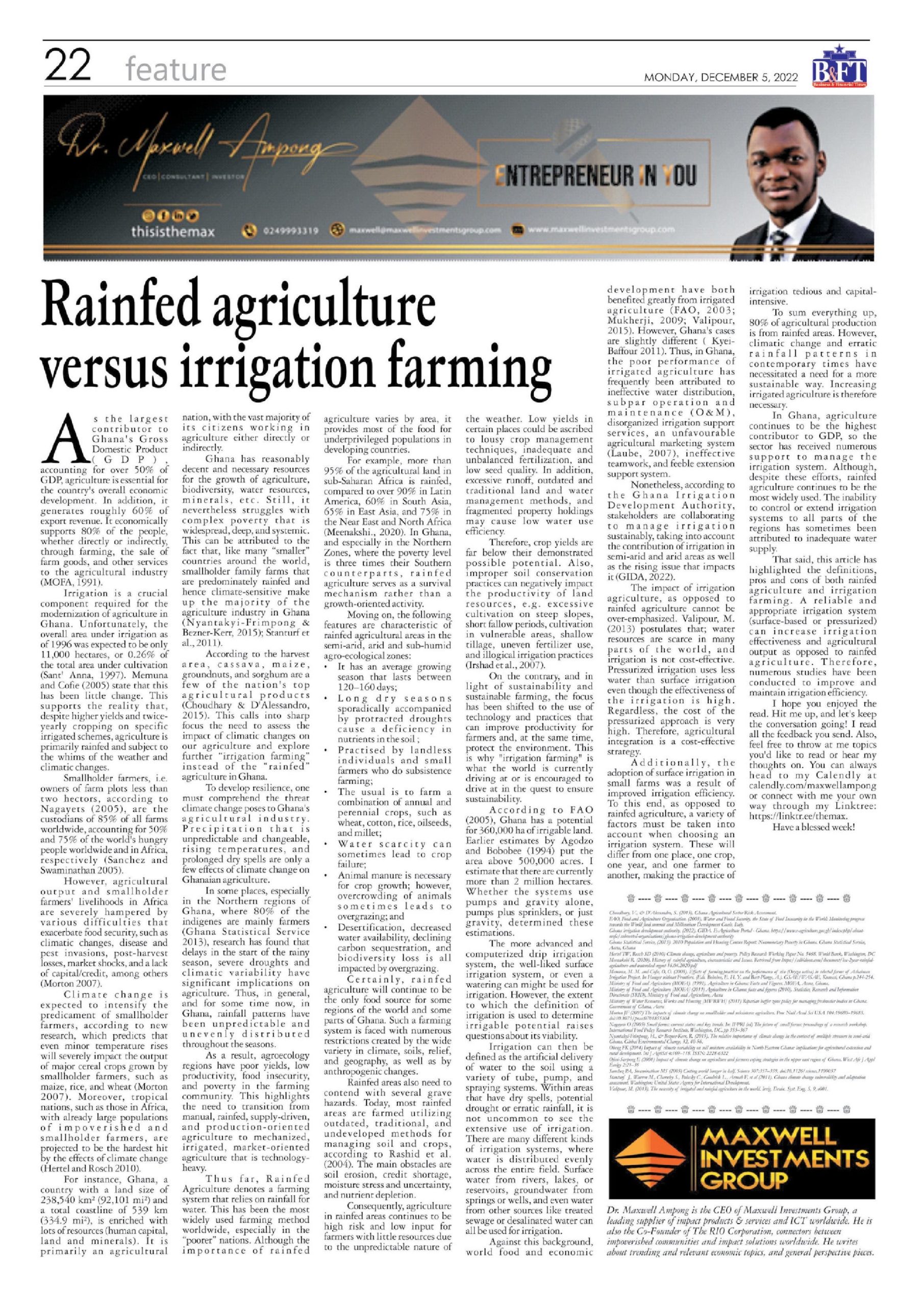 Rainfed Agriculture Versus Irrigation Farming Maxwell Investments Group